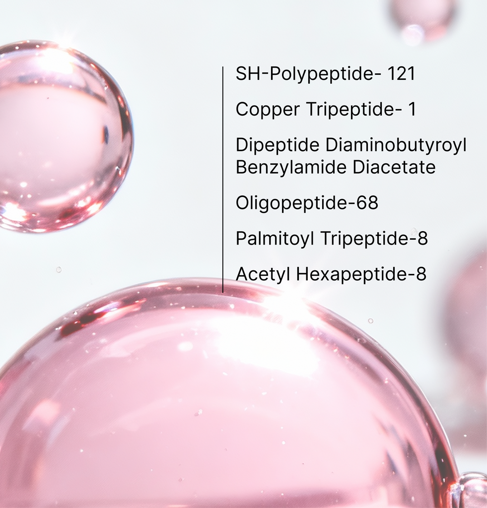 COSRX The 6 Peptide Skin Booster Serum ingredient chart highlighting six peptide functions: collagen boosting, retexturizing, sebum and pore care, brightening, soothing, and firming; infographic showcasing advanced peptide complex for youthful glow and barrier repair.