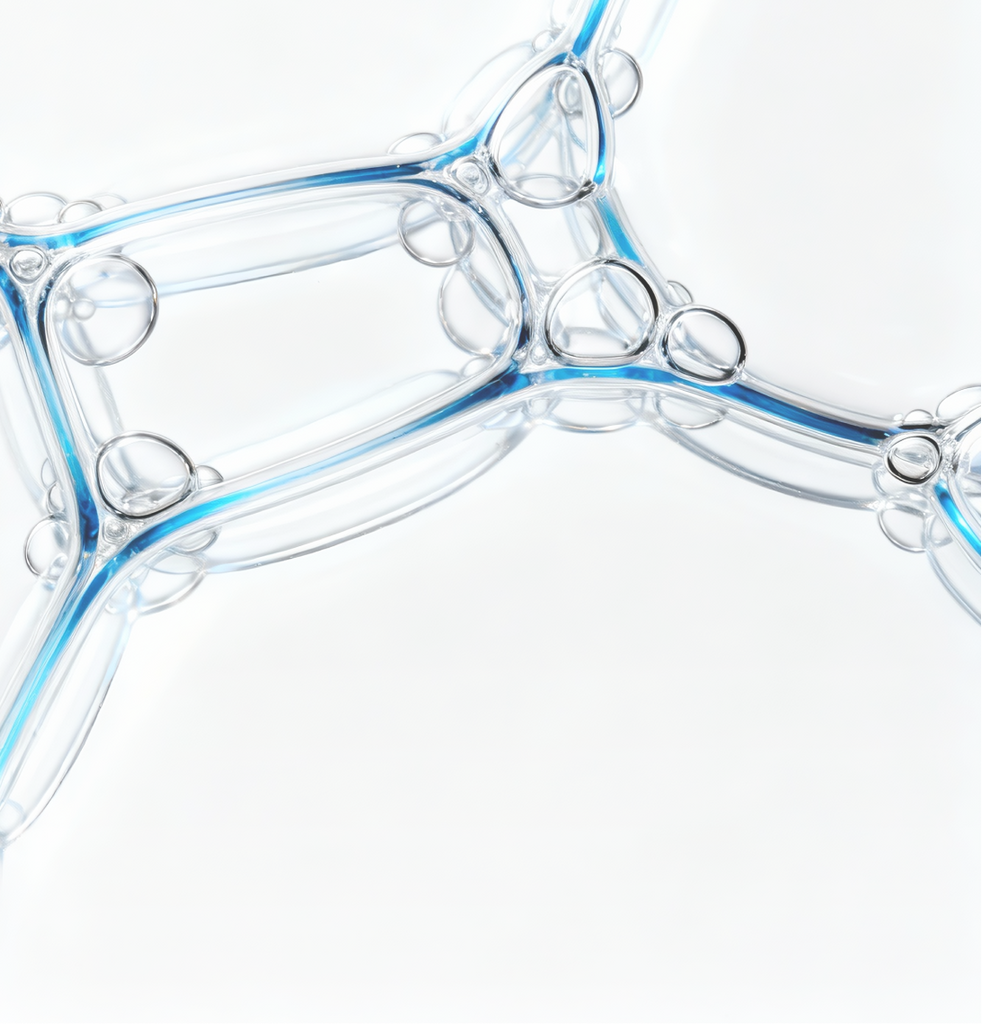 Scientific close-up of transparent and blue lipid structures representing COSRX’s blend of Ceramides NP, NS, AP, AS, EOP and two types of pseudoceramides; visualizing how these barrier-strengthening lipids help prevent moisture loss, reinforce skin integrity, and support a healthier, more resilient skin barrier for dry and sensitive skin.