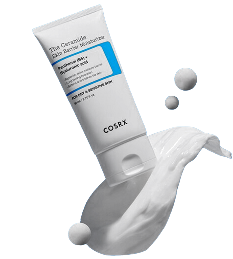 COSRX The Ceramide Skin Barrier Moisturizer displayed with smooth cream swirls and spherical skincare elements, highlighting its Ceramides, Cholesterol, Fatty Acids, Panthenol (B5), and 5 types of Hyaluronic Acid formula that deeply hydrates, strengthens the skin barrier, and delivers visibly softer, healthier skin with 61.997% improvement after one use.