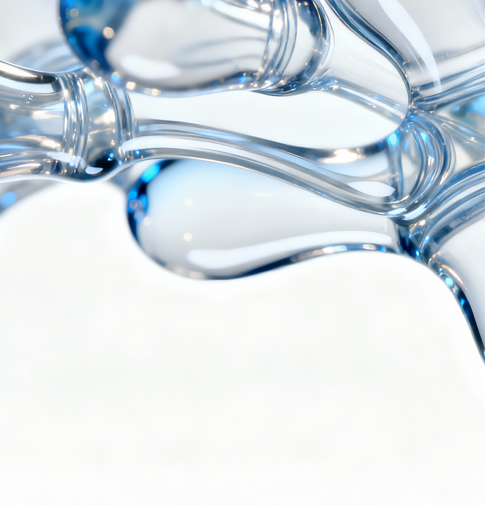 Close-up of glossy, fluid-like molecular structures representing Natural Moisturizing Factors and multiple hyaluronic acids; visual highlights their role in increasing hydration, strengthening the skin barrier, and maintaining lasting moisture for dry, sensitive, or barrier-weakened skin in need of soothing replenishment.