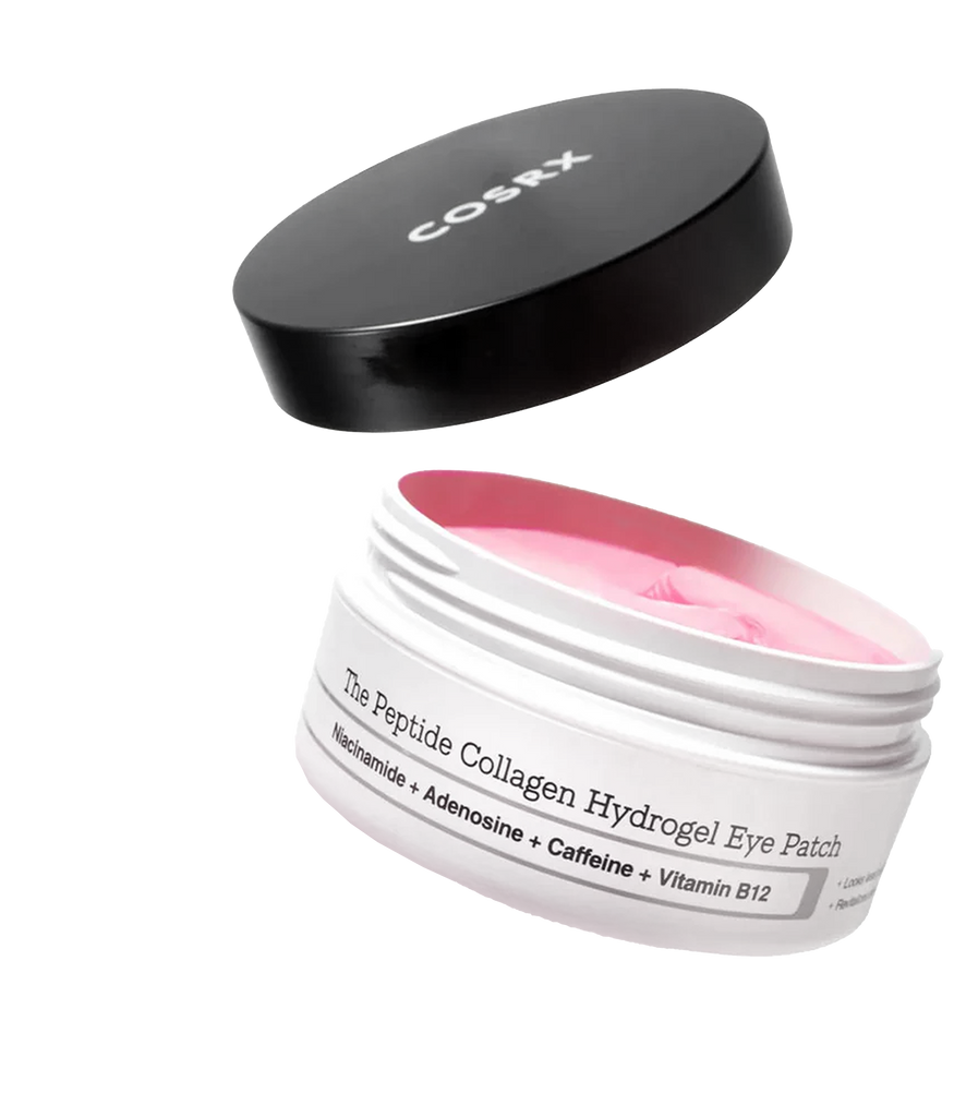 Open jar of COSRX The Peptide Collagen Hydrogel Eye Patch with visible pink eye patches and detached black lid; formula with niacinamide, adenosine, caffeine, and vitamin B12 designed to smooth the appearance of fine lines, reduce puffiness, and brighten dark circles for daily K-beauty eye care.